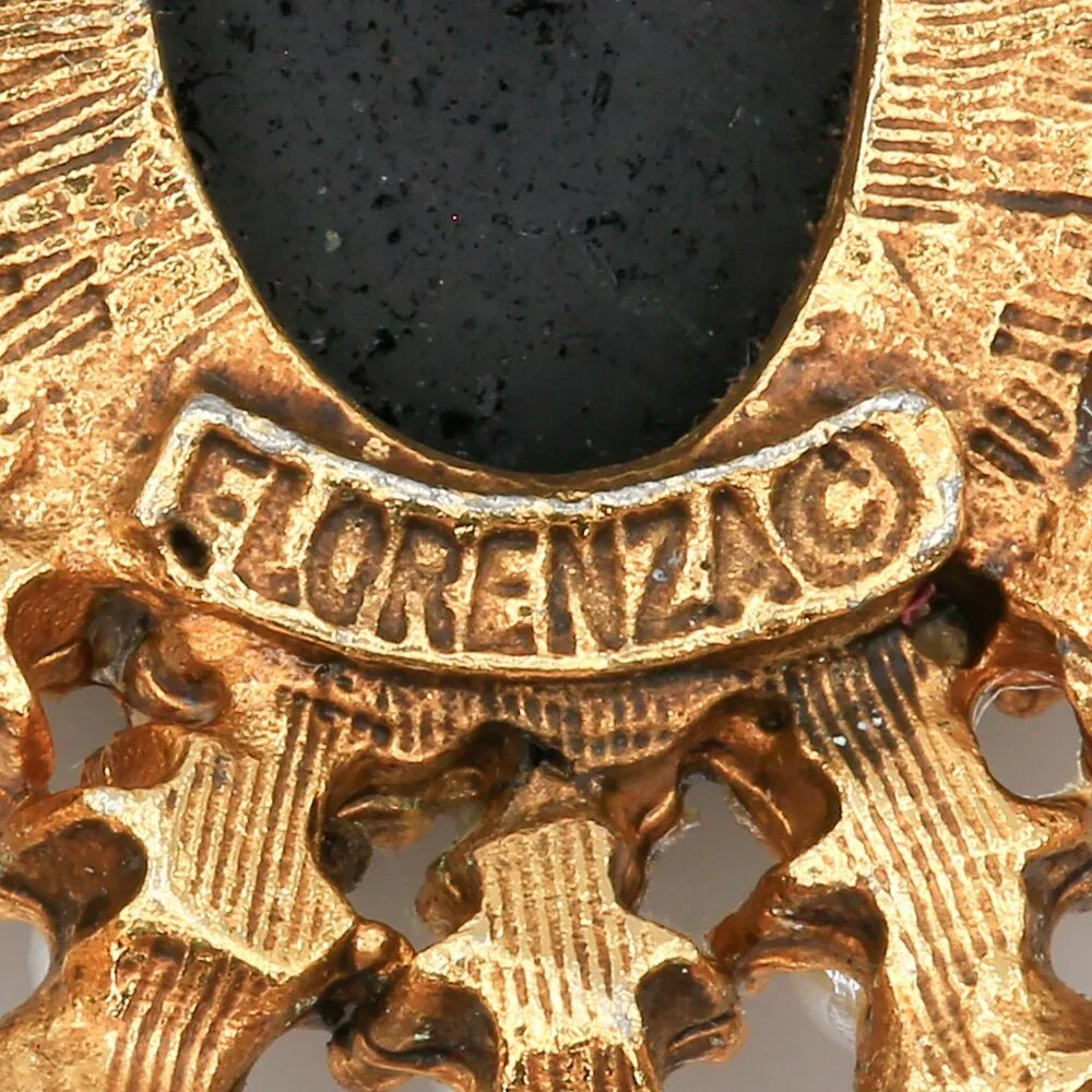 Vintage Florenza Victorian‎ Gothic Revival Black Stone Faux Pearl Brooch 1960s